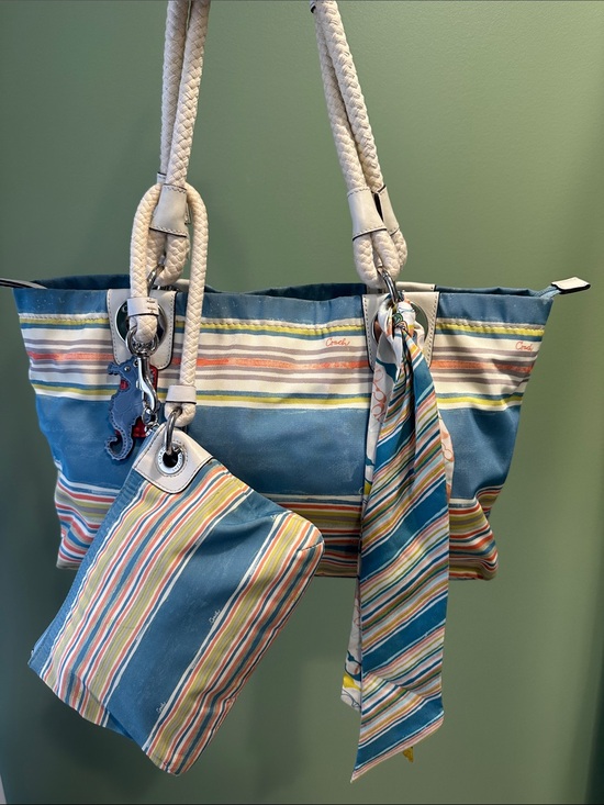 Coach Handbags - Coach Seaside Striped Canvas Tote, Scarf, Seahorse Hangtag & matching wristlet